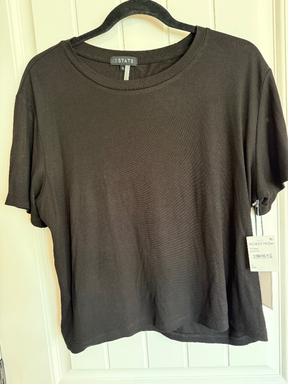 1.STATE Ribbed Short Sleeve Top Womens Large Black Stretch Crew Neck NWT